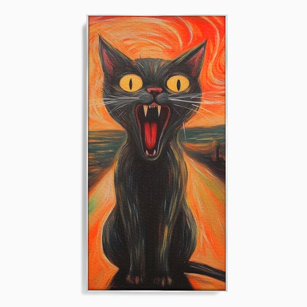 Tablou canvas cu tablou canvas cu pisica neagra care urla, in rama de aluminiu argintiu