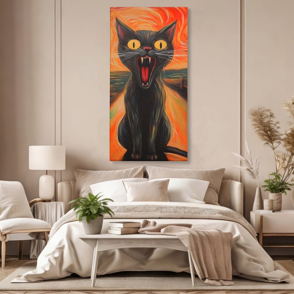 Tablou canvas cu tablou canvas cu pisica neagra care urla, fara rama, pe sasiu de lemn, pe perete intr-un dormitor