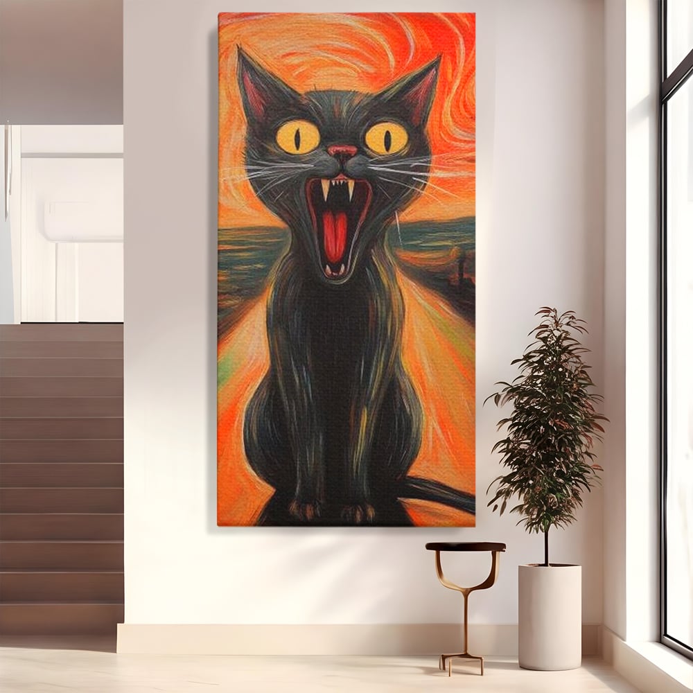 Tablou canvas cu tablou canvas cu pisica neagra care urla, fara rama, pe sasiu de lemn