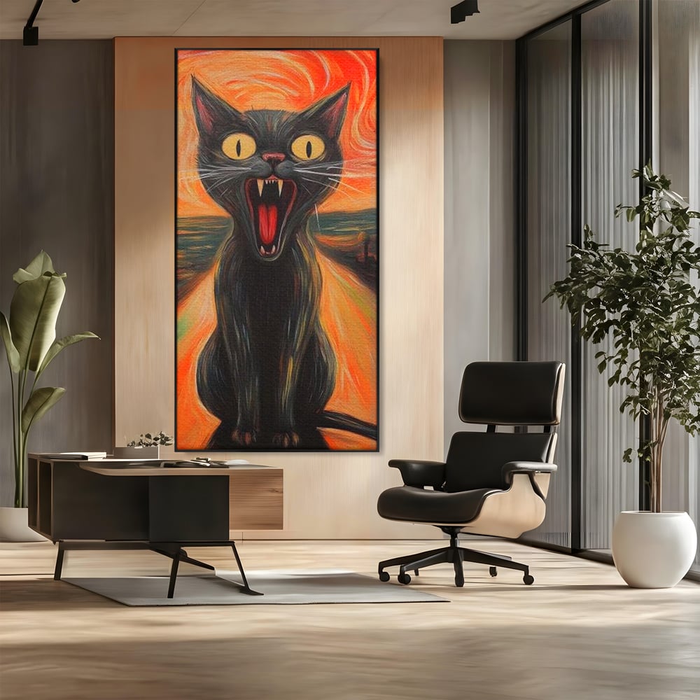 Tablou canvas cu tablou canvas cu pisica neagra care urla, in rama de aluminiu negru, pe perete intr-un birou