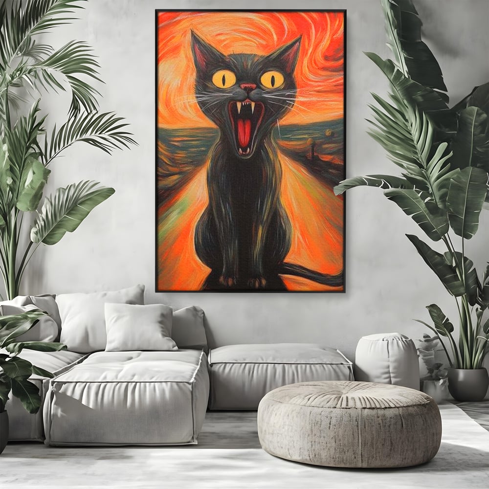 Tablou canvas cu tablou canvas cu pisica neagra care urla, in rama de aluminiu negru, pe perete intr-un living