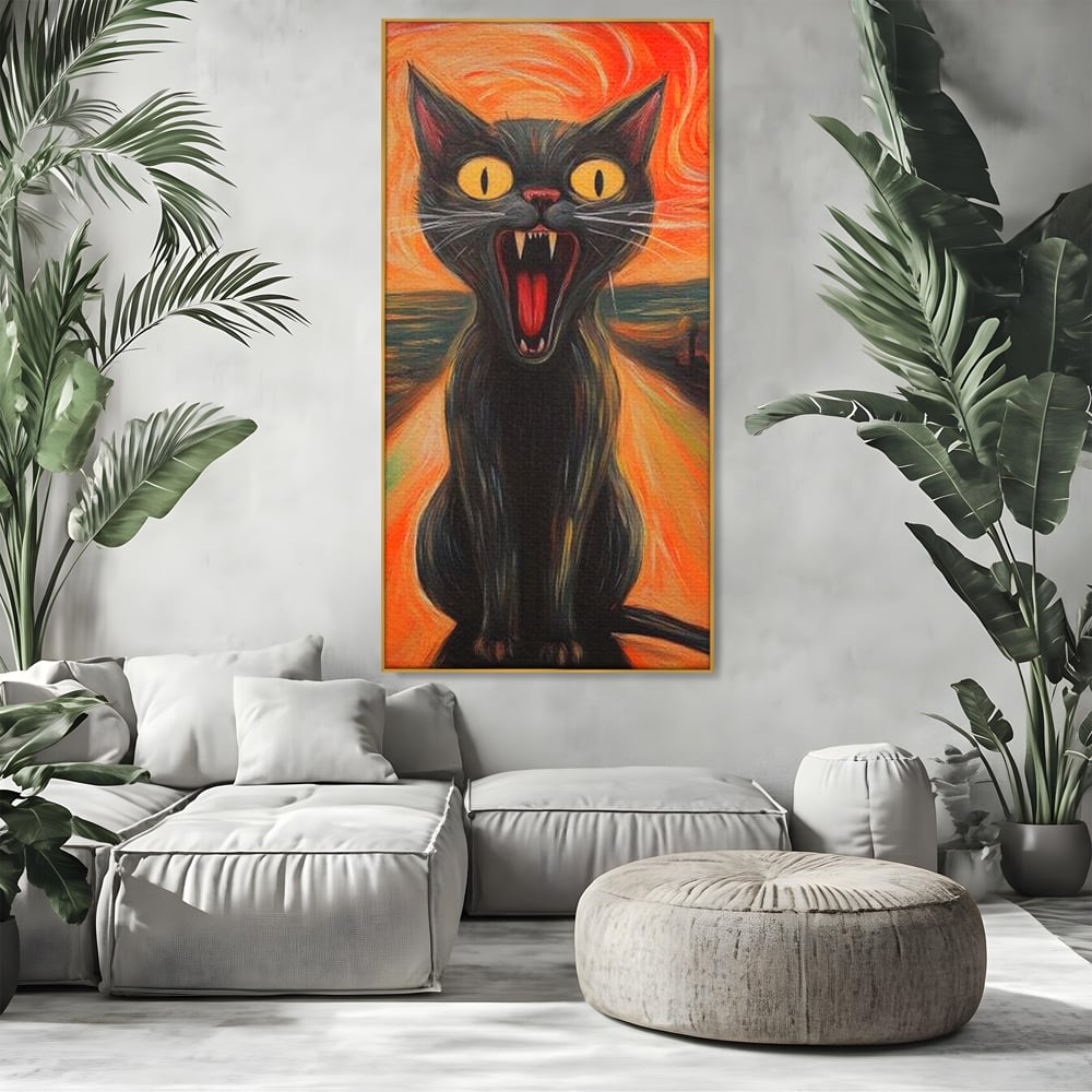 Tablou canvas cu tablou canvas cu pisica neagra care urla, in rama de aluminiu auriu, pe perete intr-un living