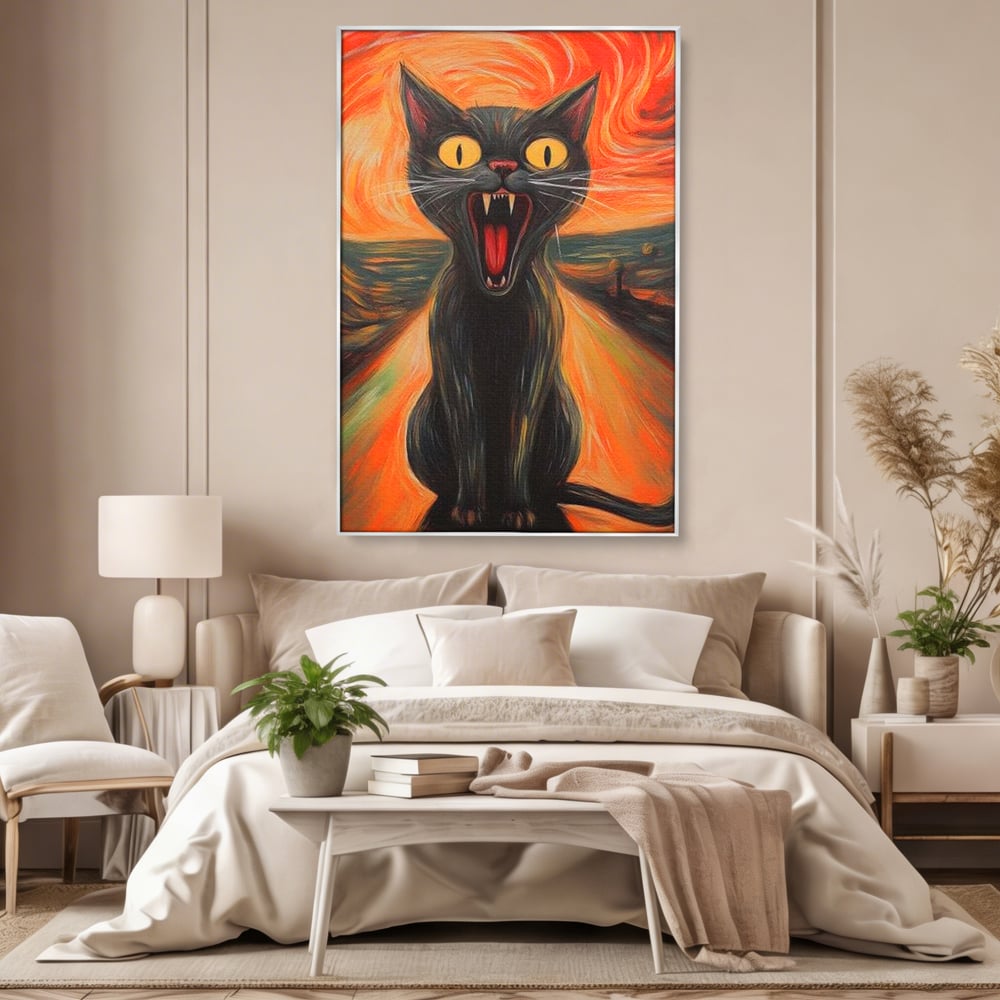 Tablou canvas cu tablou canvas cu pisica neagra care urla, in rama de aluminiu argintiu, pe perete intr-un dormitor