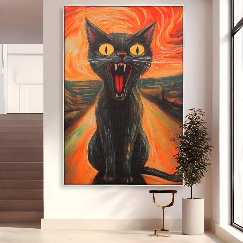 Tablou canvas cu tablou canvas cu pisica neagra care urla, in rama de aluminiu argintiu