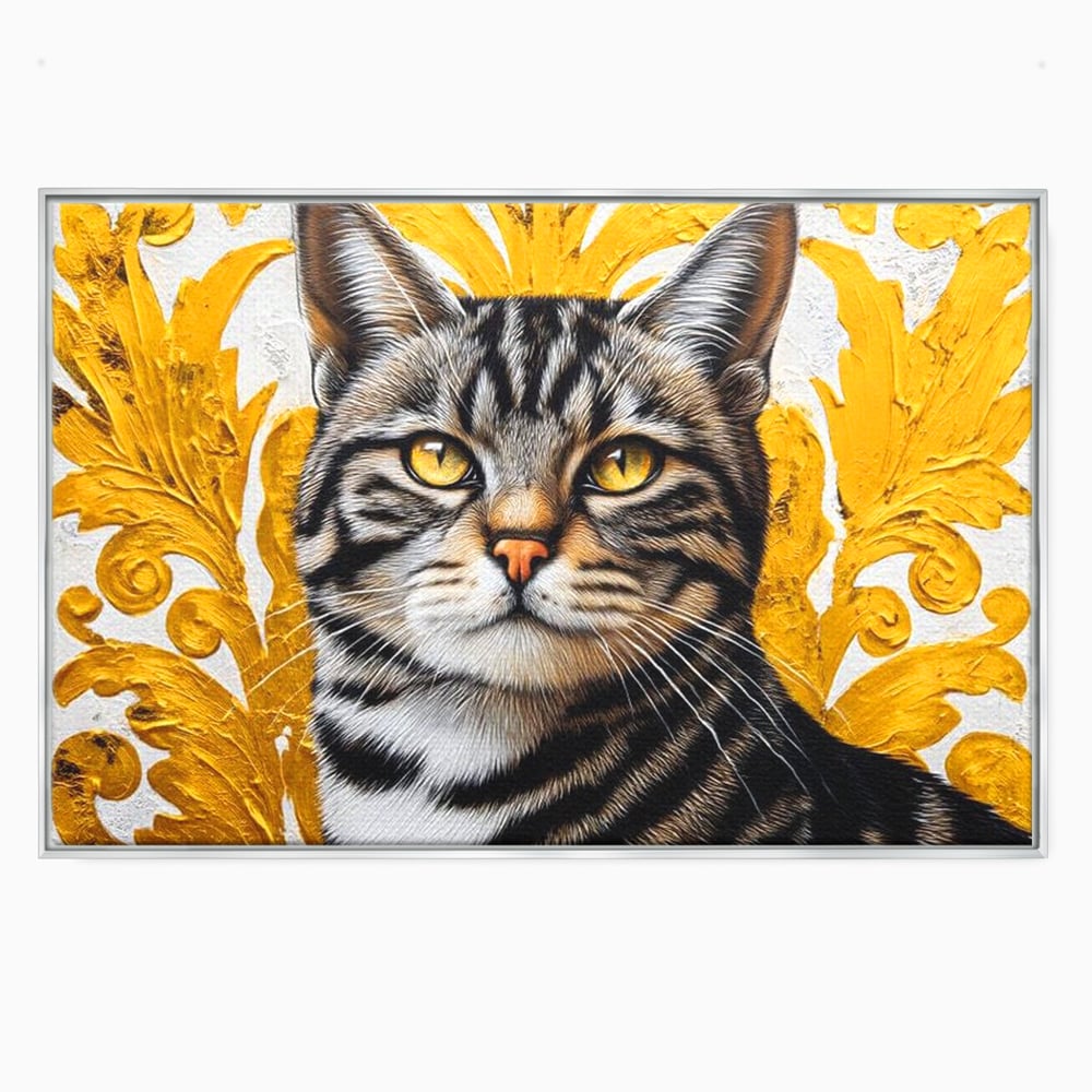 Tablou canvas cu tablou canvas cu motan tigrat, in rama de aluminiu argintiu