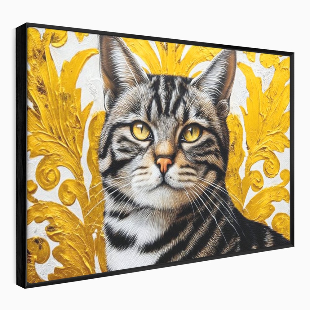 Tablou canvas cu tablou canvas cu motan tigrat, in rama de aluminiu negru