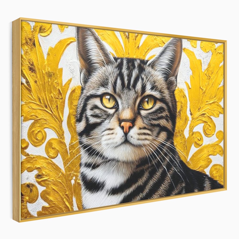 Tablou canvas cu tablou canvas cu motan tigrat, in rama de aluminiu auriu