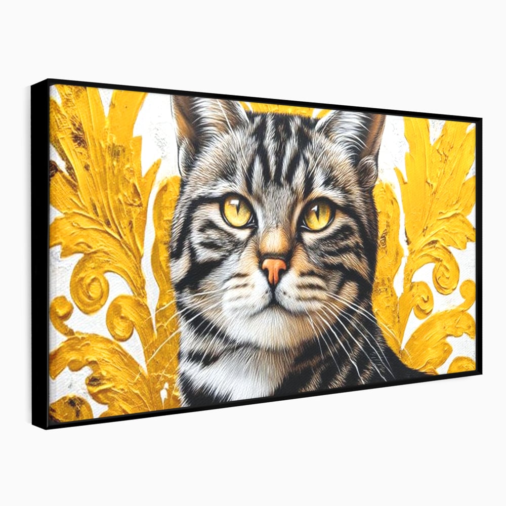 Tablou canvas cu tablou canvas cu motan tigrat, in rama de aluminiu negru