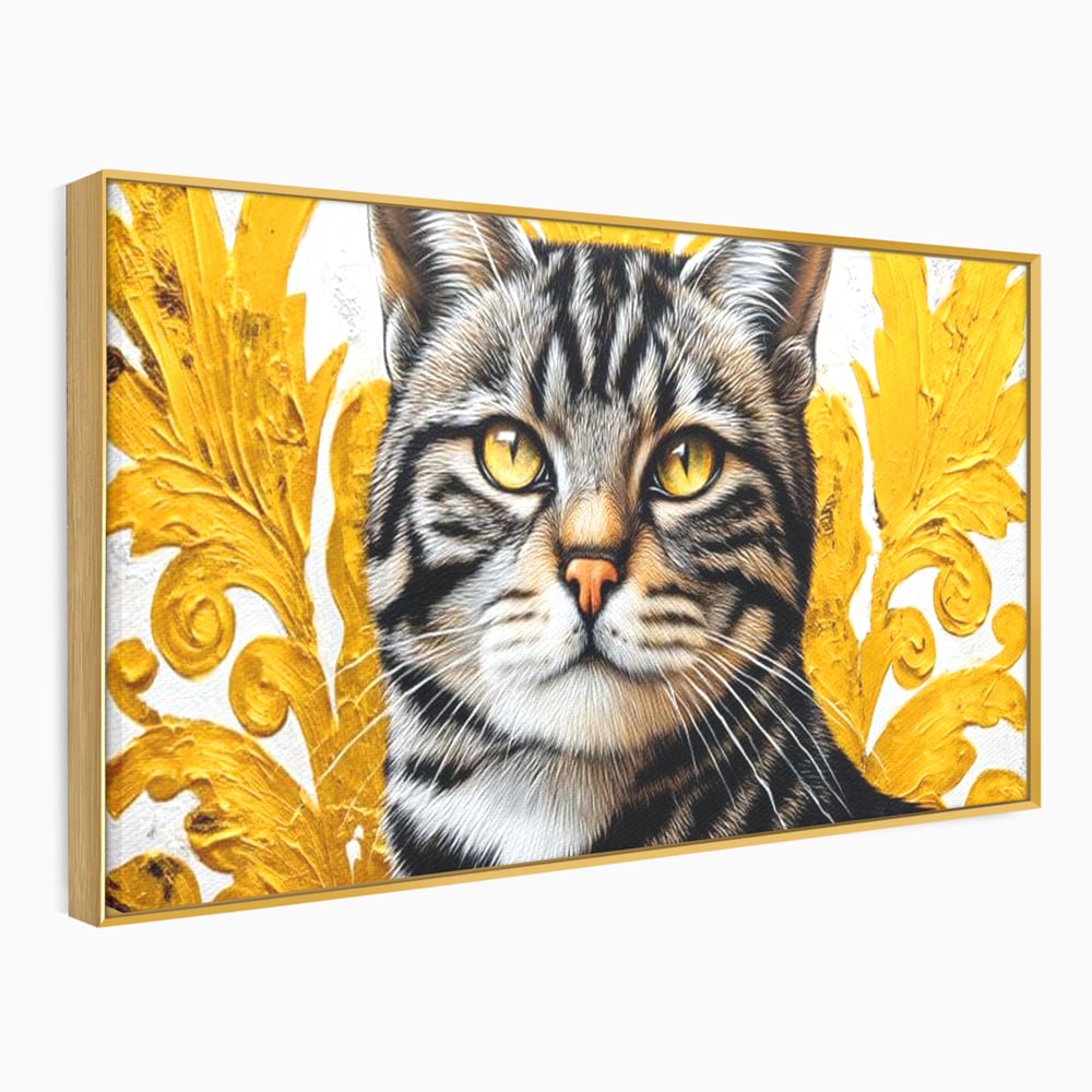 Tablou canvas cu tablou canvas cu motan tigrat, in rama de aluminiu auriu