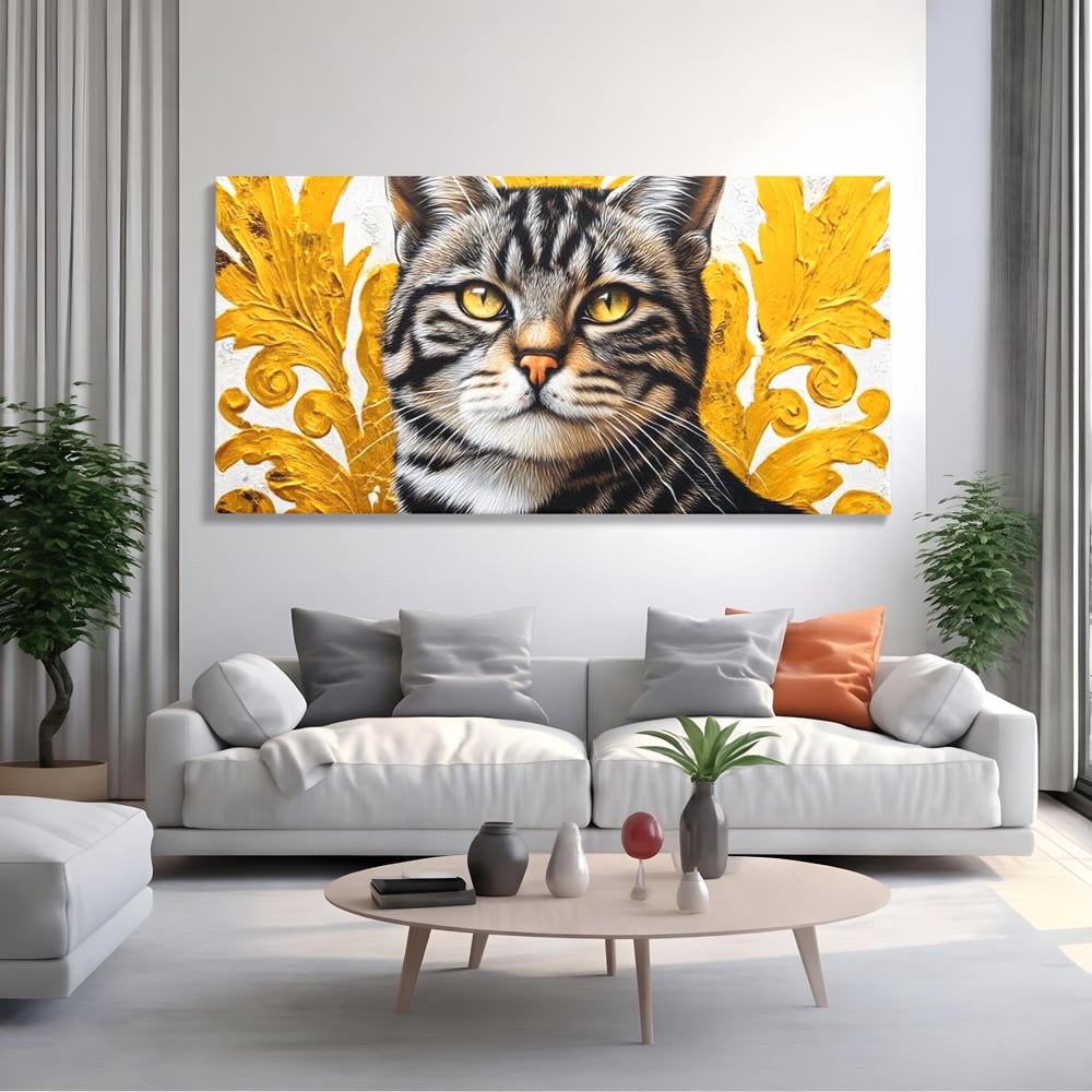 Tablou canvas cu tablou canvas cu motan tigrat, fara rama, pe sasiu de lemn, pe perete intr-un living