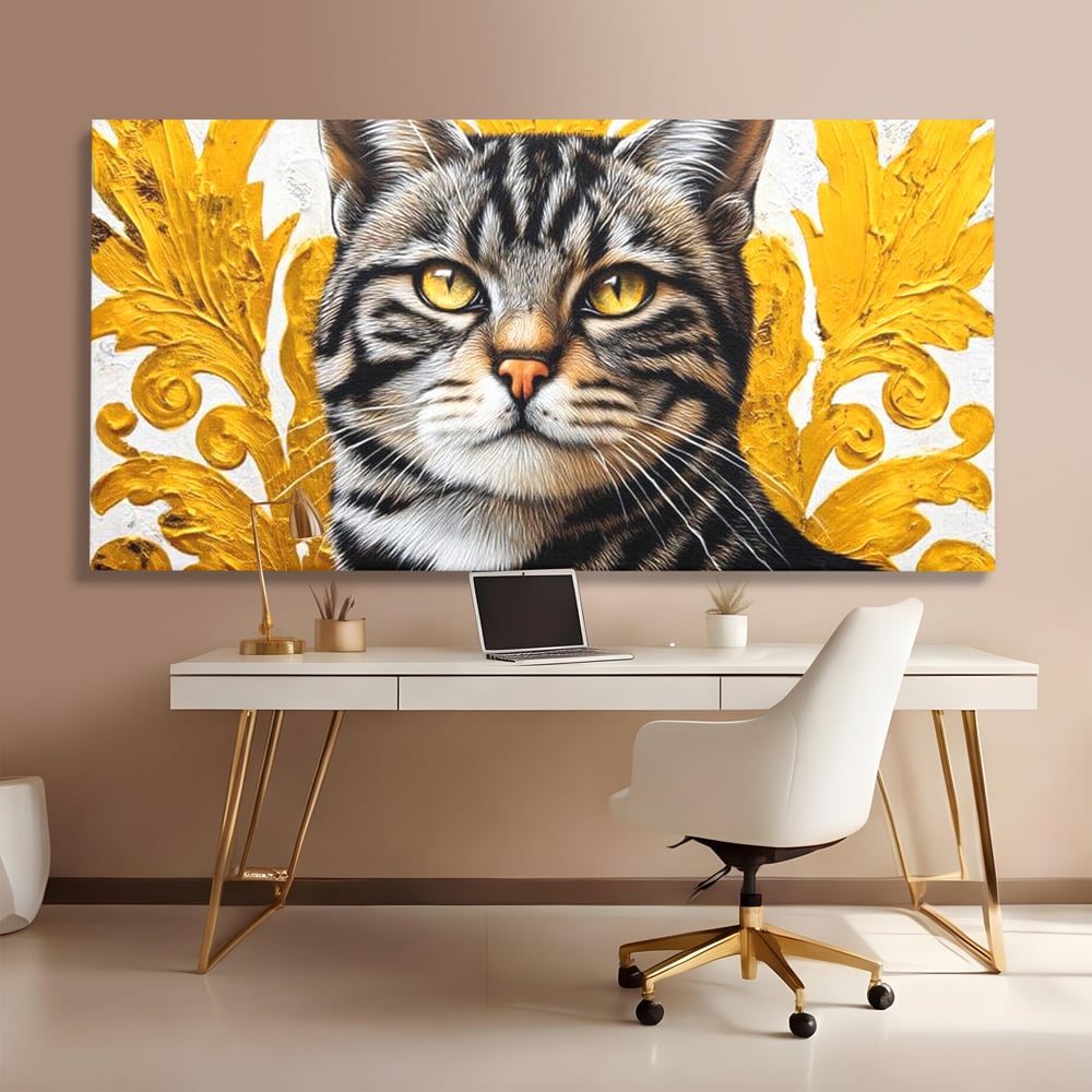 Tablou canvas cu tablou canvas cu motan tigrat, fara rama, pe sasiu de lemn, pe perete intr-un birou