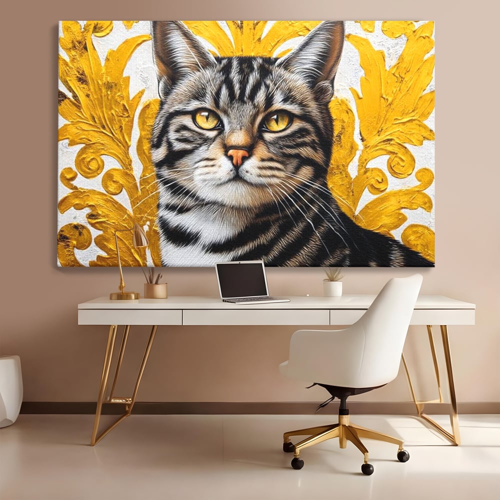 Tablou canvas cu tablou canvas cu motan tigrat, fara rama, pe sasiu de lemn, pe perete intr-un birou