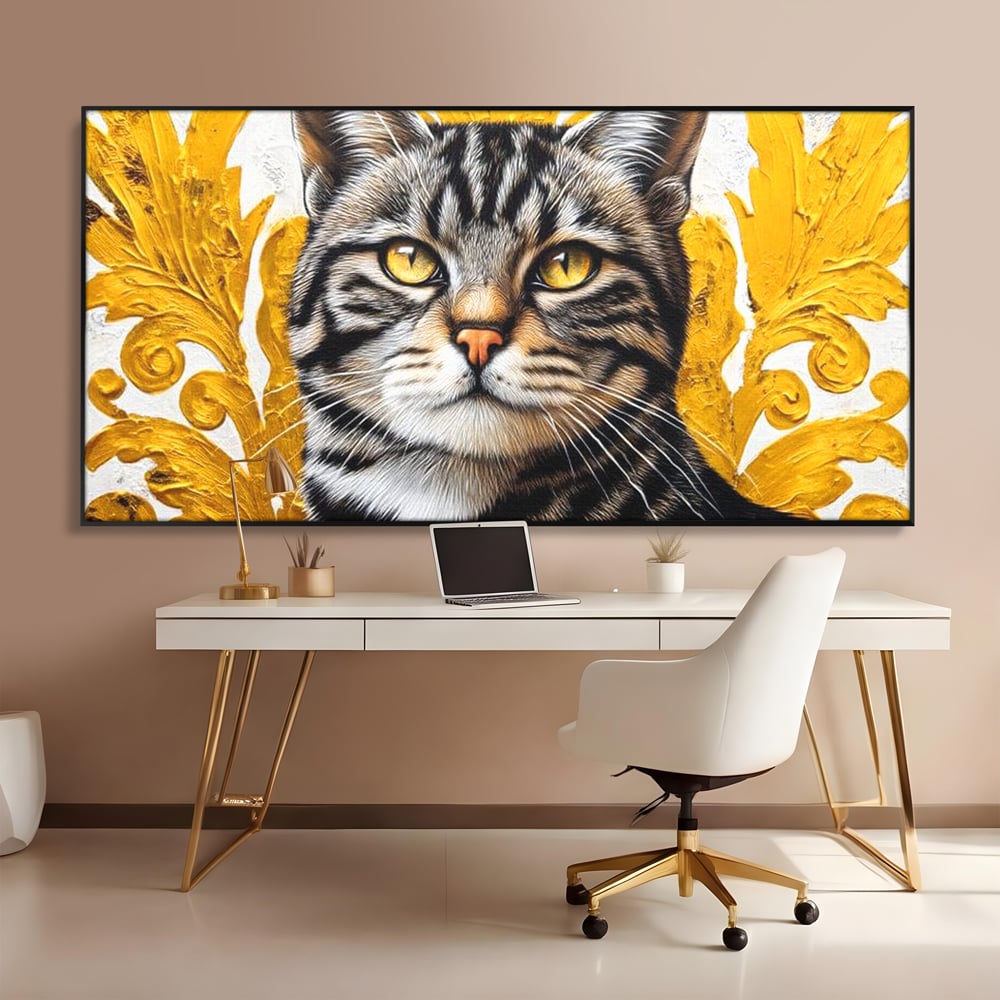 Tablou canvas cu tablou canvas cu motan tigrat, in rama de aluminiu negru, pe perete intr-un birou