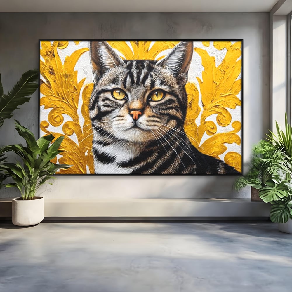 Tablou canvas cu tablou canvas cu motan tigrat, in rama de aluminiu negru