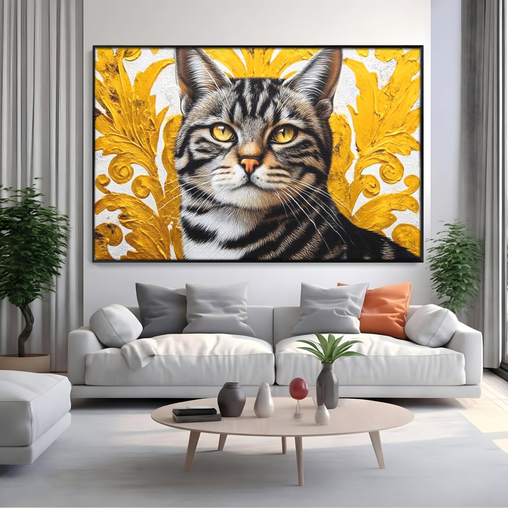 Tablou canvas cu tablou canvas cu motan tigrat, in rama de aluminiu negru, pe perete intr-un living