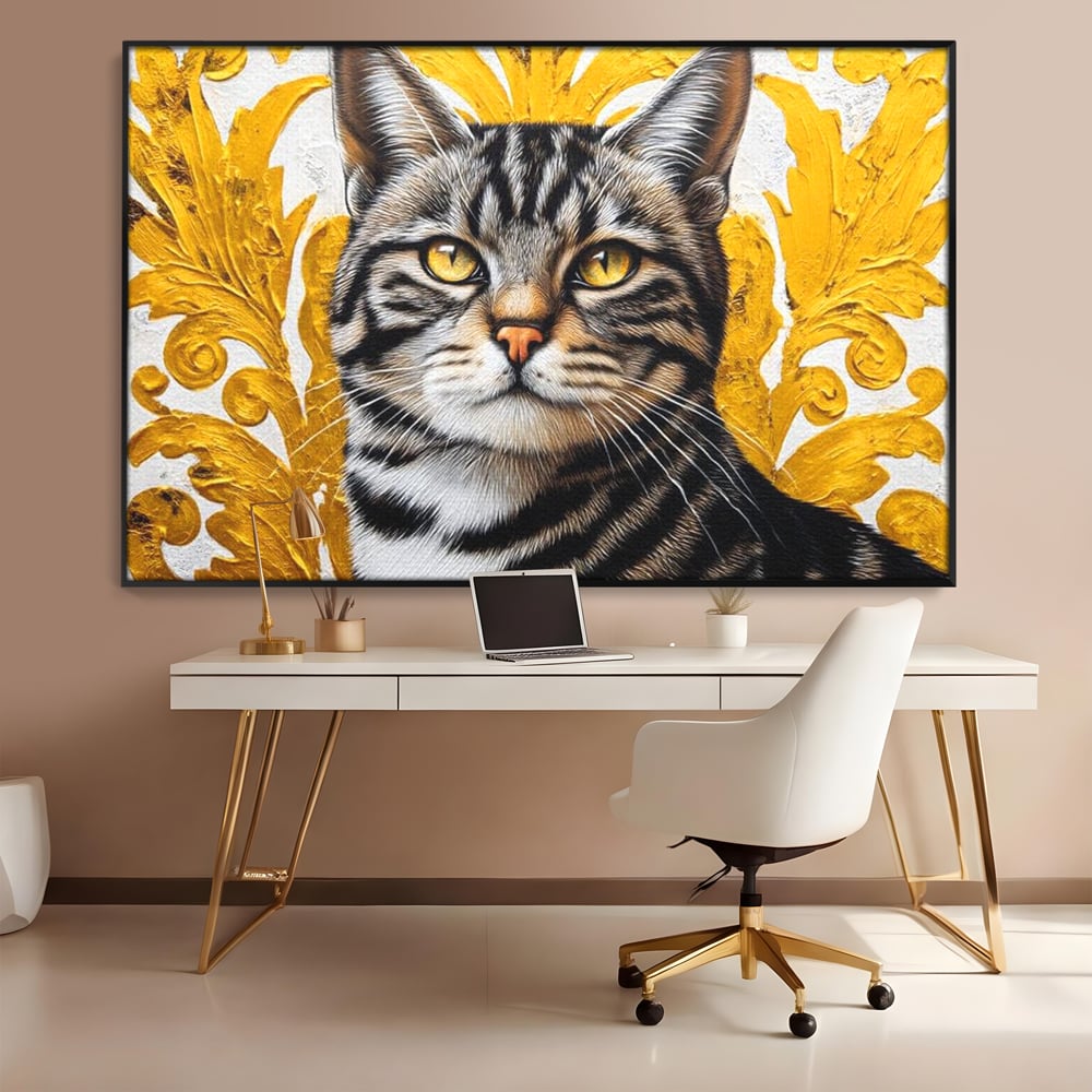 Tablou canvas cu tablou canvas cu motan tigrat, in rama de aluminiu negru, pe perete intr-un birou