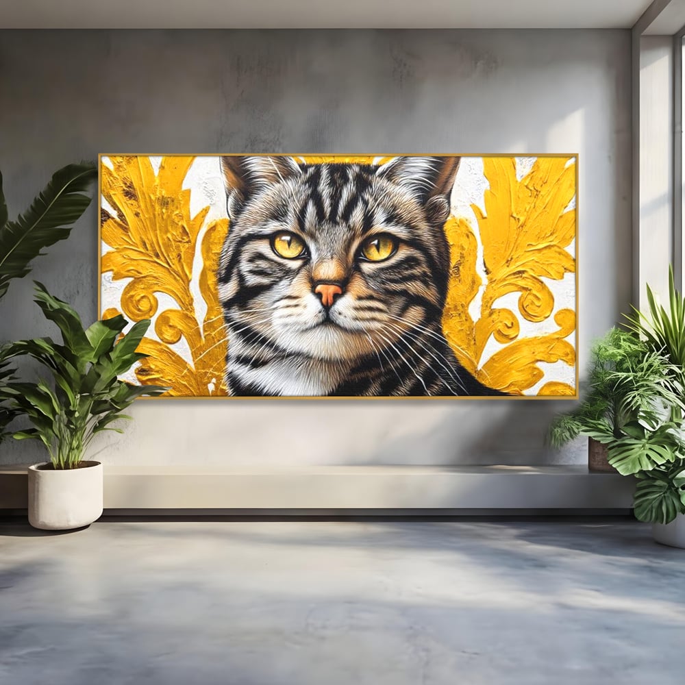 Tablou canvas cu tablou canvas cu motan tigrat, in rama de aluminiu auriu