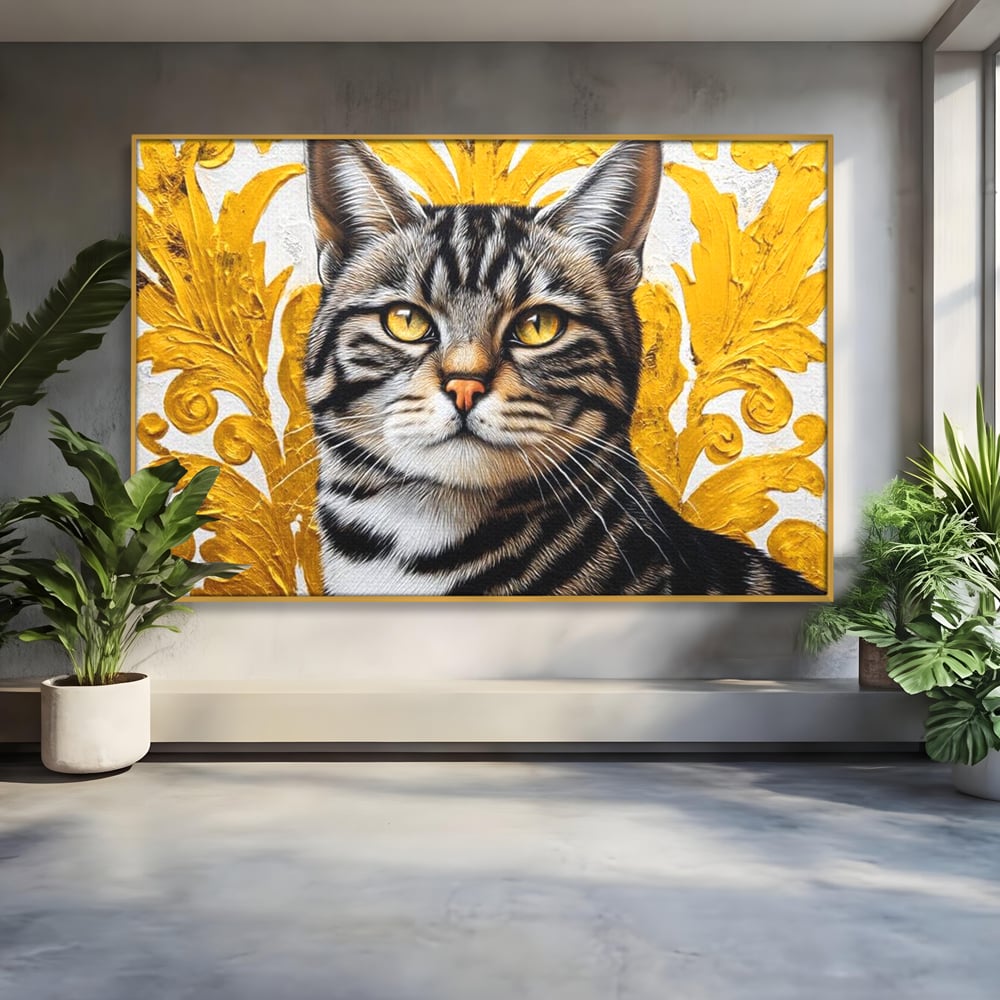 Tablou canvas cu tablou canvas cu motan tigrat, in rama de aluminiu auriu