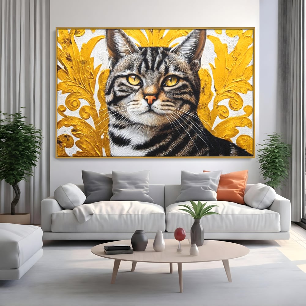 Tablou canvas cu tablou canvas cu motan tigrat, in rama de aluminiu auriu, pe perete intr-un living