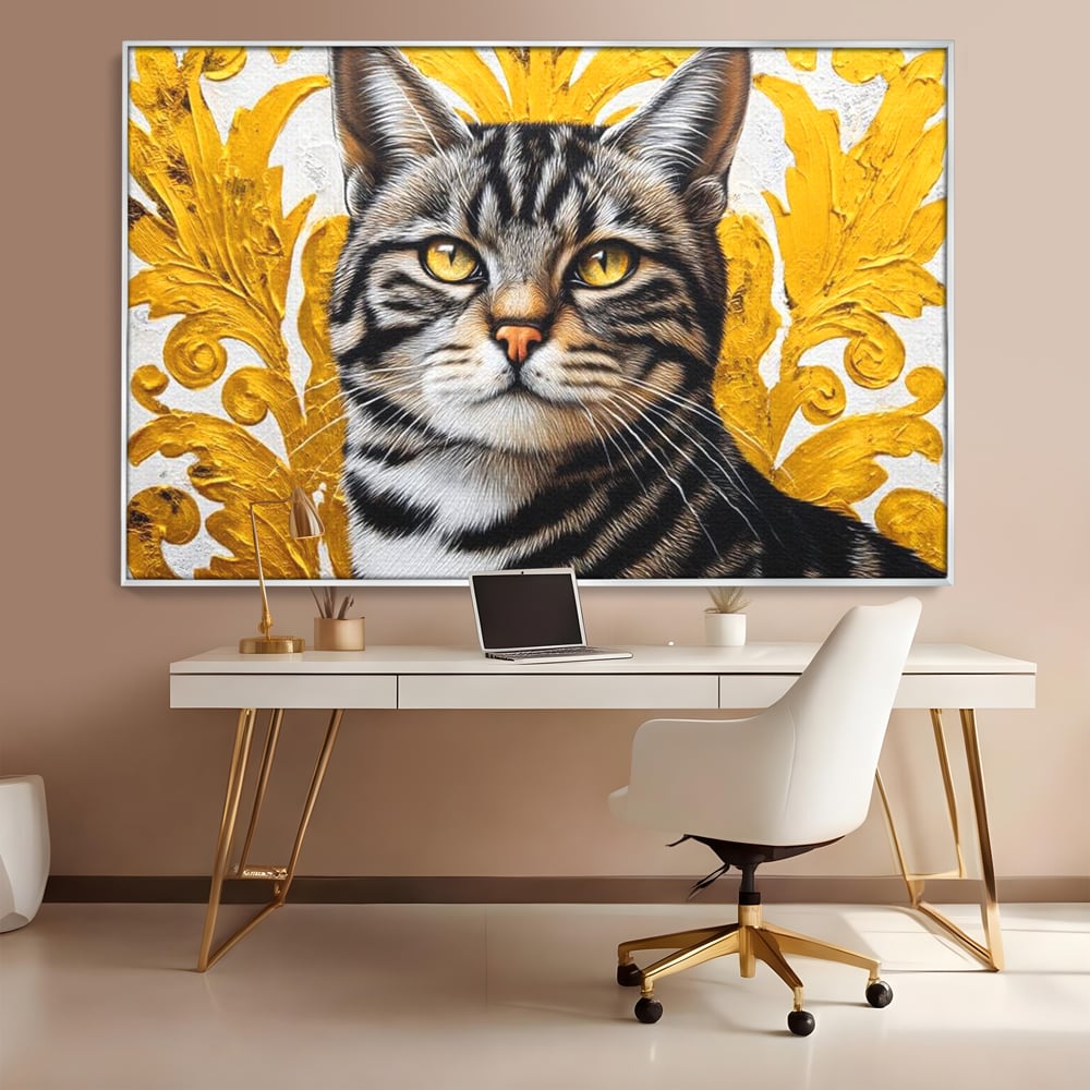 Tablou canvas cu tablou canvas cu motan tigrat, in rama de aluminiu argintiu, pe perete intr-un birou