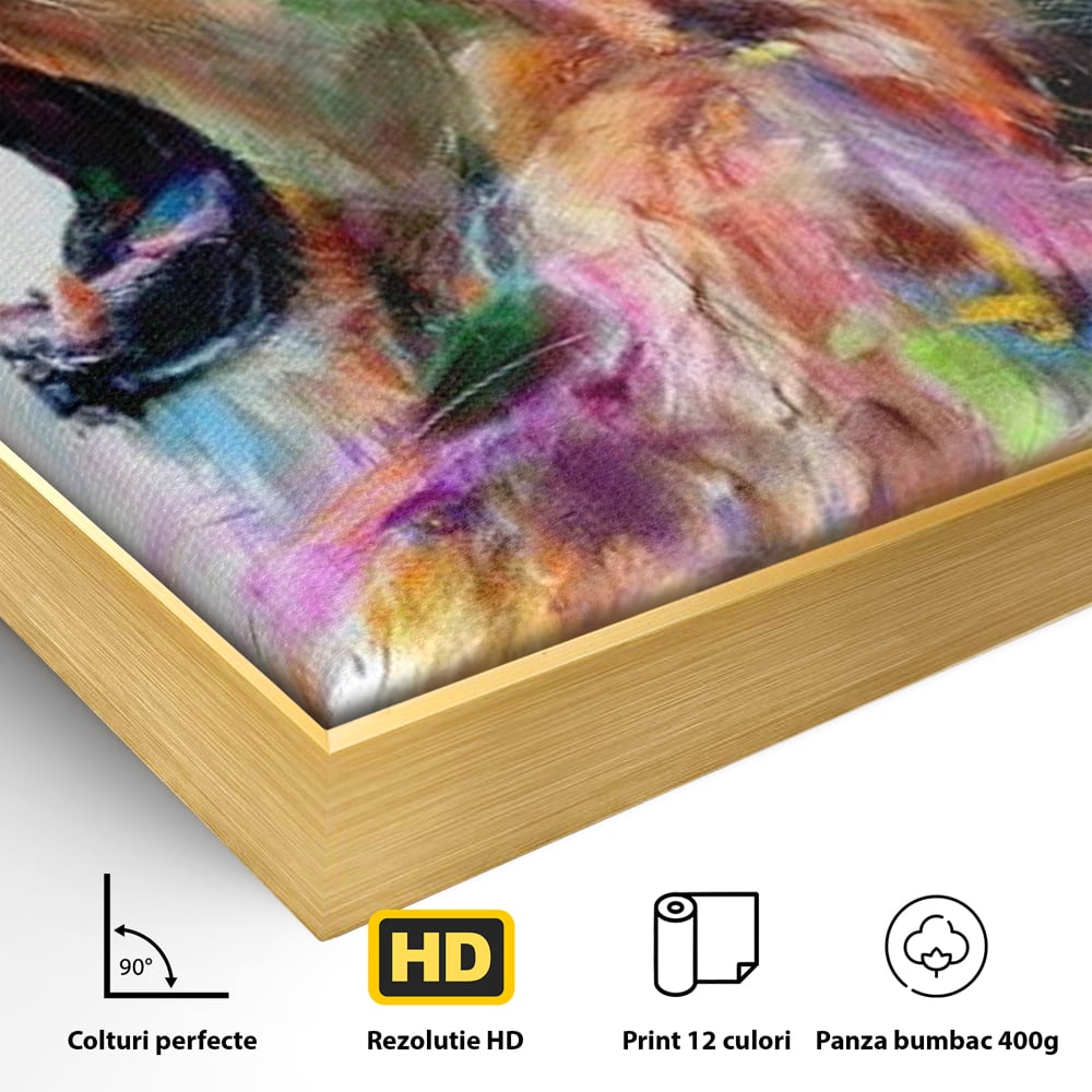 Detaliu al suprafetei: pictura digitala cu leu colorat, in rama de aluminiu auriu