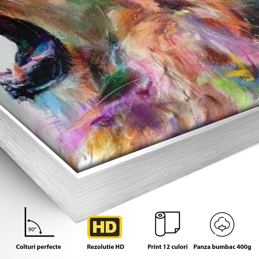 Detaliu al suprafetei: pictura digitala cu leu colorat, in rama de aluminiu argintiu
