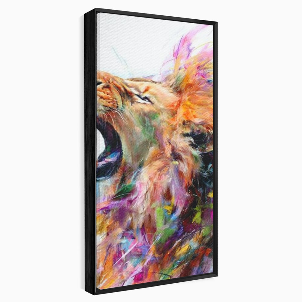 Tablou canvas cu pictura digitala cu leu colorat, in rama de aluminiu negru