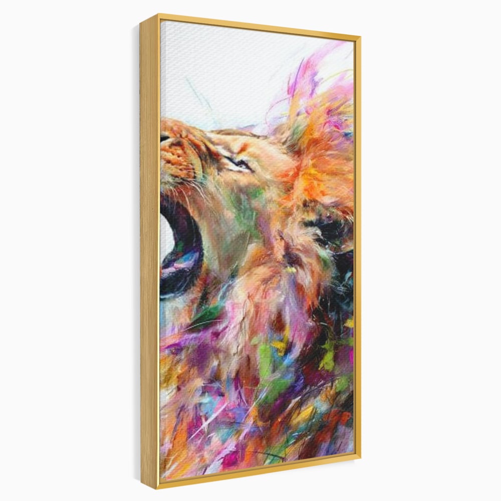 Tablou canvas cu pictura digitala cu leu colorat, in rama de aluminiu auriu
