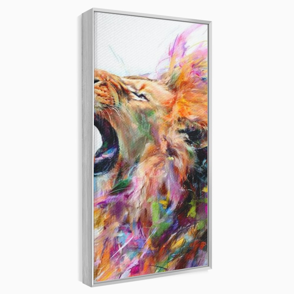 Tablou canvas cu pictura digitala cu leu colorat, in rama de aluminiu argintiu