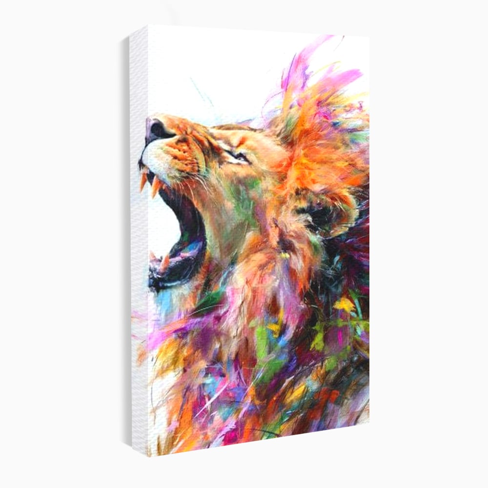 Tablou canvas cu pictura digitala cu leu colorat, fara rama, pe sasiu de lemn