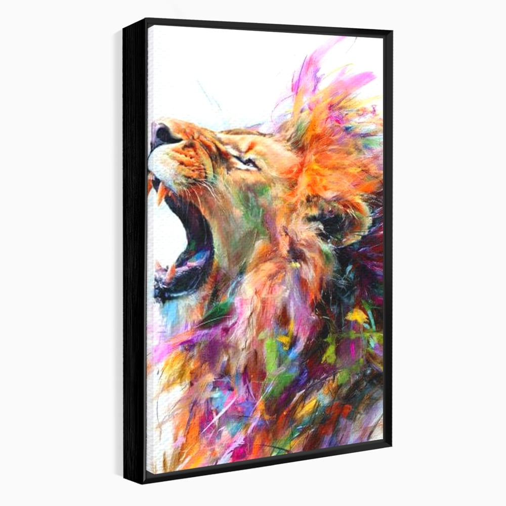Tablou canvas cu pictura digitala cu leu colorat, in rama de aluminiu negru