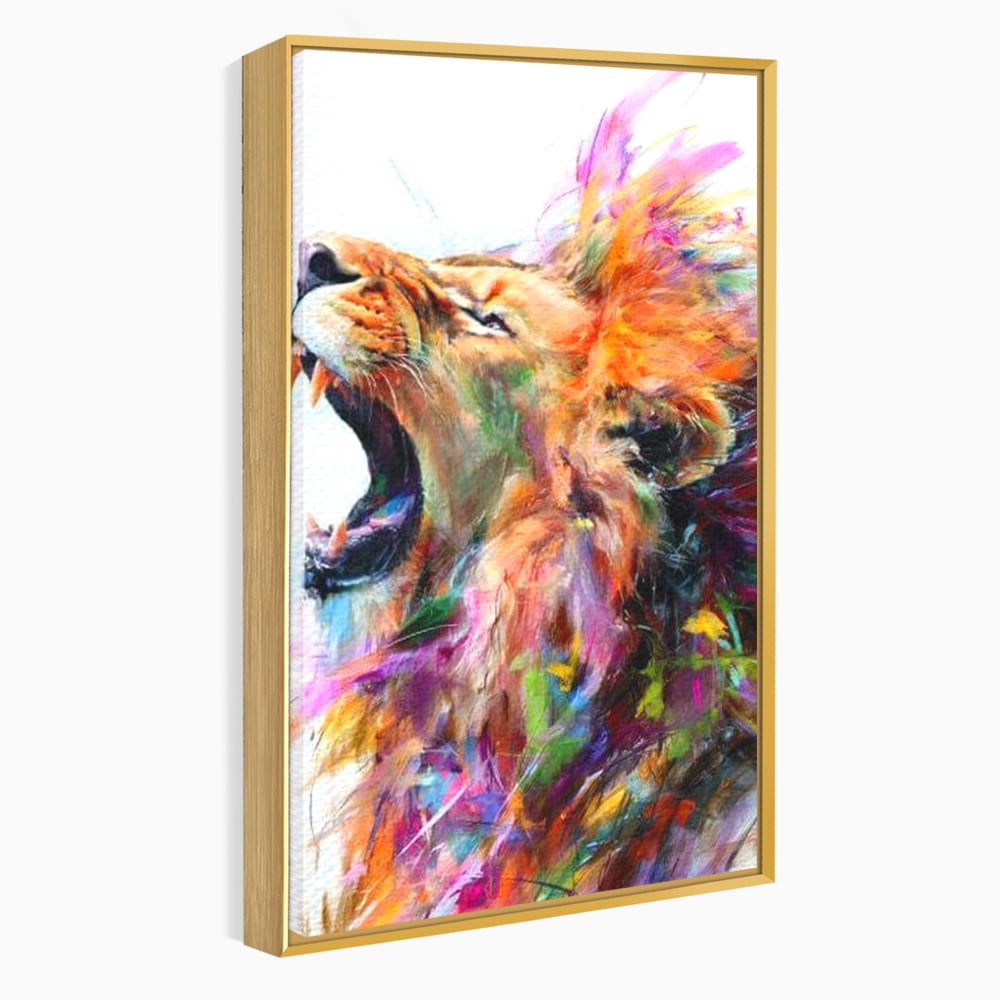 Tablou canvas cu pictura digitala cu leu colorat, in rama de aluminiu auriu