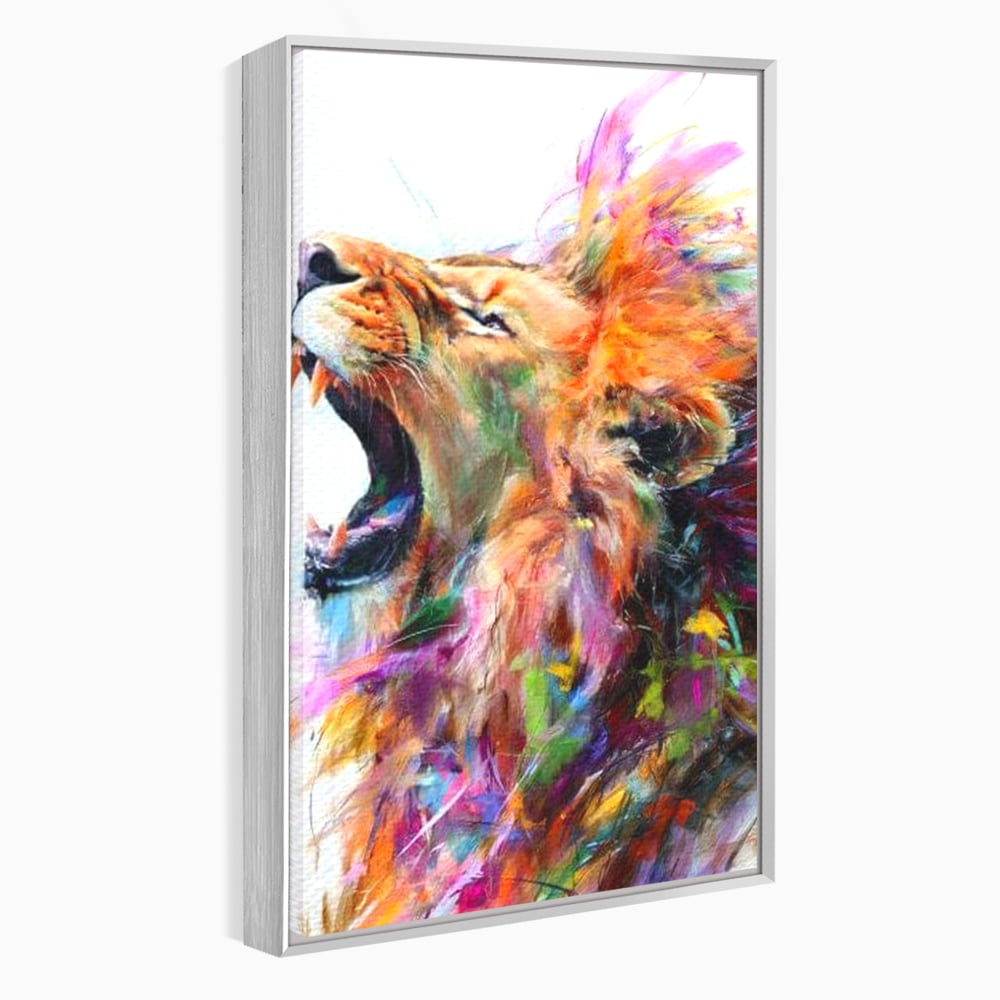 Tablou canvas cu pictura digitala cu leu colorat, in rama de aluminiu argintiu