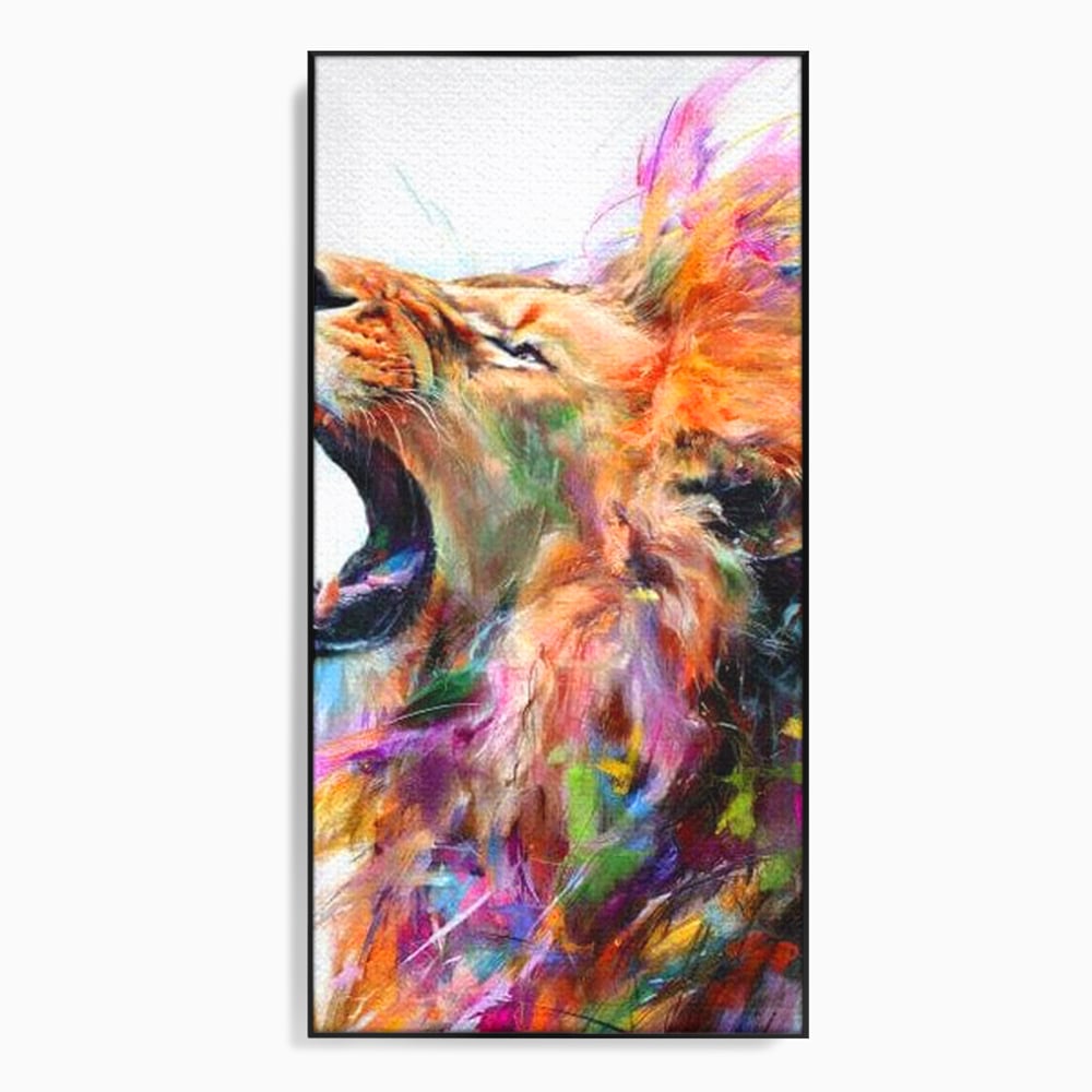 Tablou canvas cu pictura digitala cu leu colorat, in rama de aluminiu negru