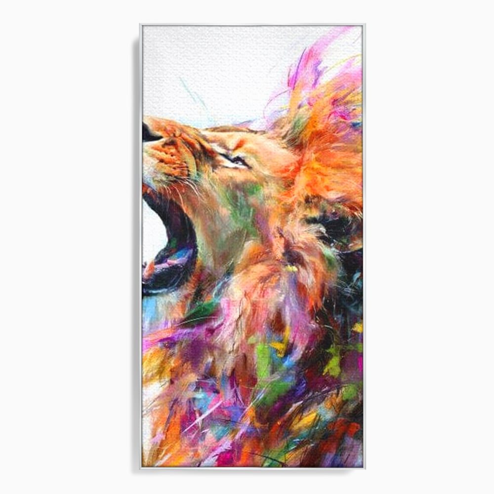 Tablou canvas cu pictura digitala cu leu colorat, in rama de aluminiu argintiu