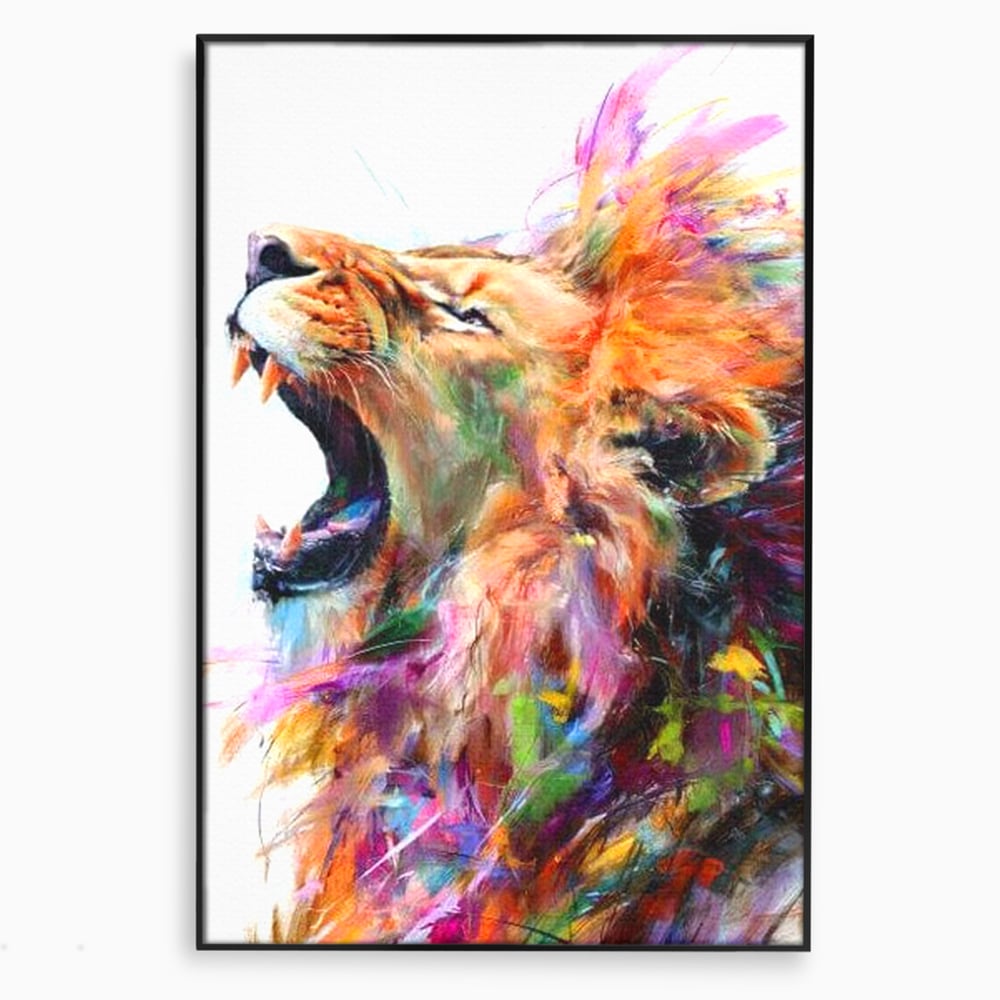 Tablou canvas cu pictura digitala cu leu colorat, in rama de aluminiu negru
