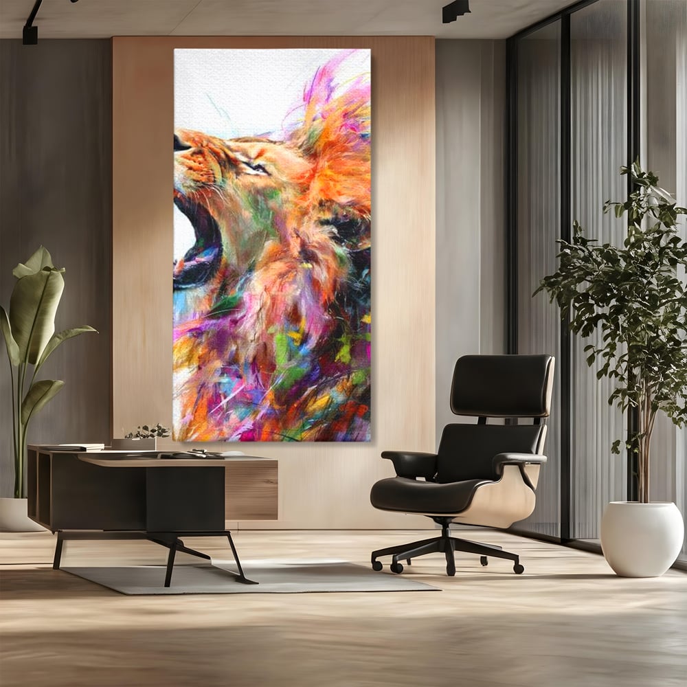 Tablou canvas cu pictura digitala cu leu colorat, fara rama, pe sasiu de lemn, pe perete intr-un birou