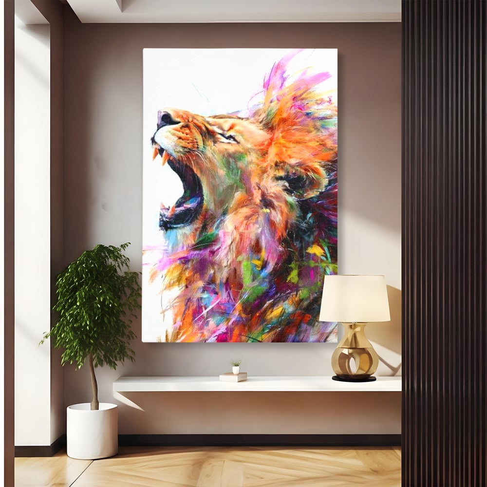 Tablou canvas cu pictura digitala cu leu colorat, fara rama, pe sasiu de lemn