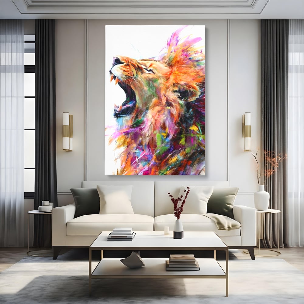 Tablou canvas cu pictura digitala cu leu colorat, fara rama, pe sasiu de lemn, pe perete intr-un living