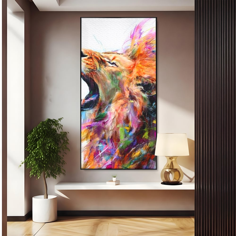 Tablou canvas cu pictura digitala cu leu colorat, in rama de aluminiu negru