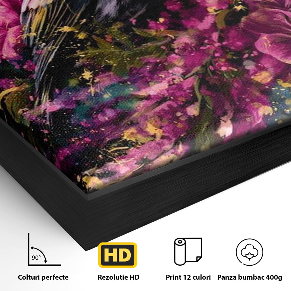 Detaliu al suprafetei: tablou canvas cu pasare printre flori, in rama de aluminiu negru