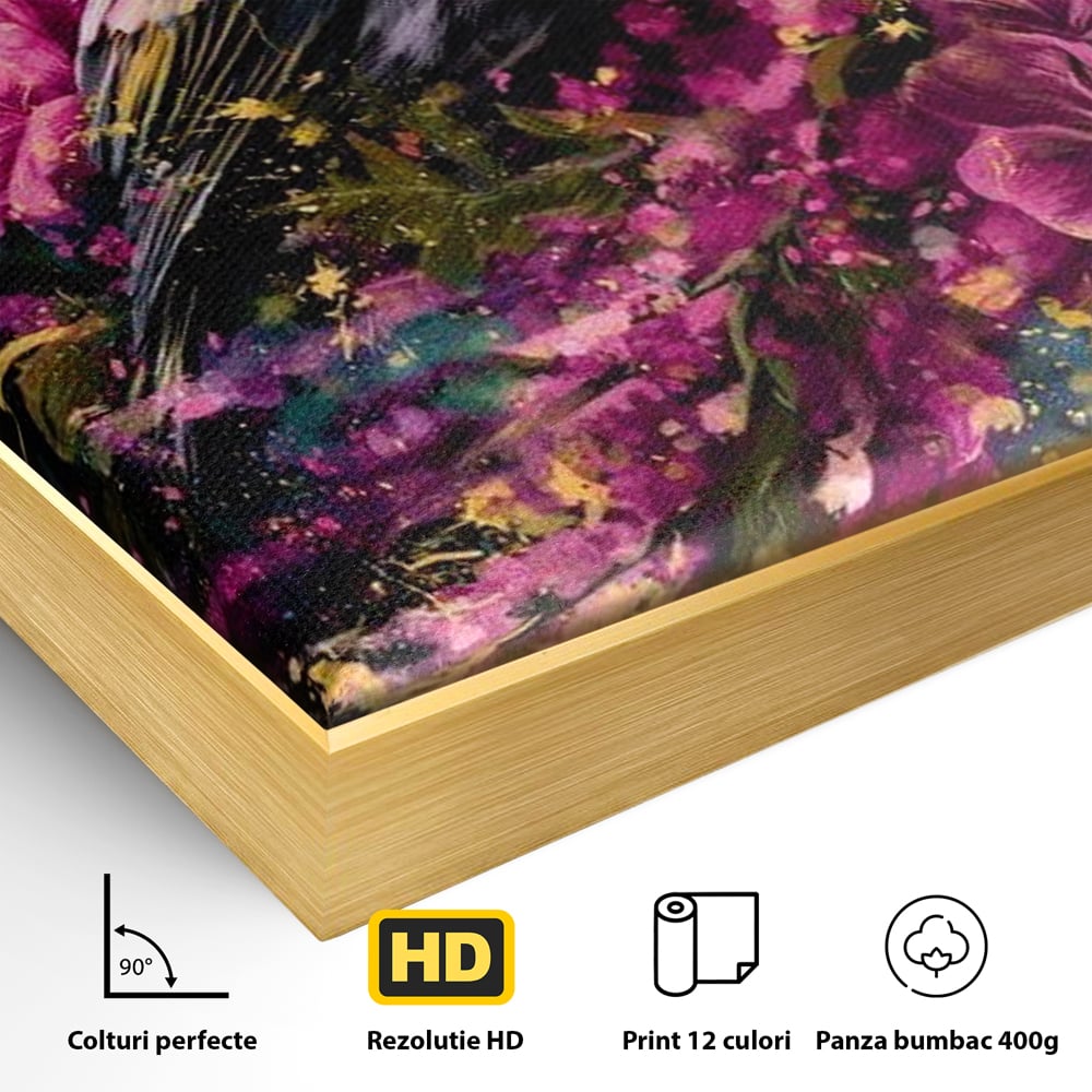 Detaliu al suprafetei: tablou canvas cu pasare printre flori, in rama de aluminiu auriu