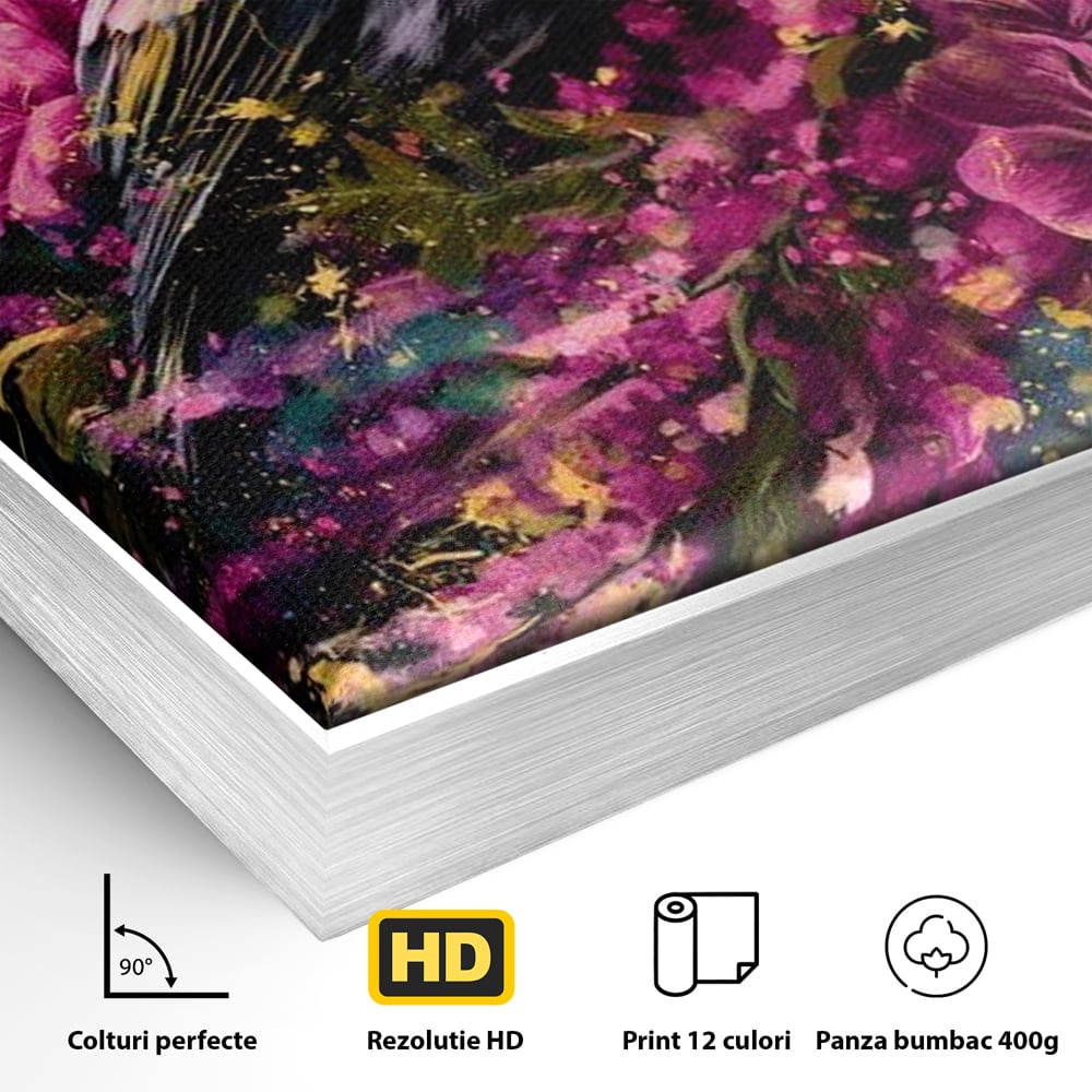 Detaliu al suprafetei: tablou canvas cu pasare printre flori, in rama de aluminiu argintiu