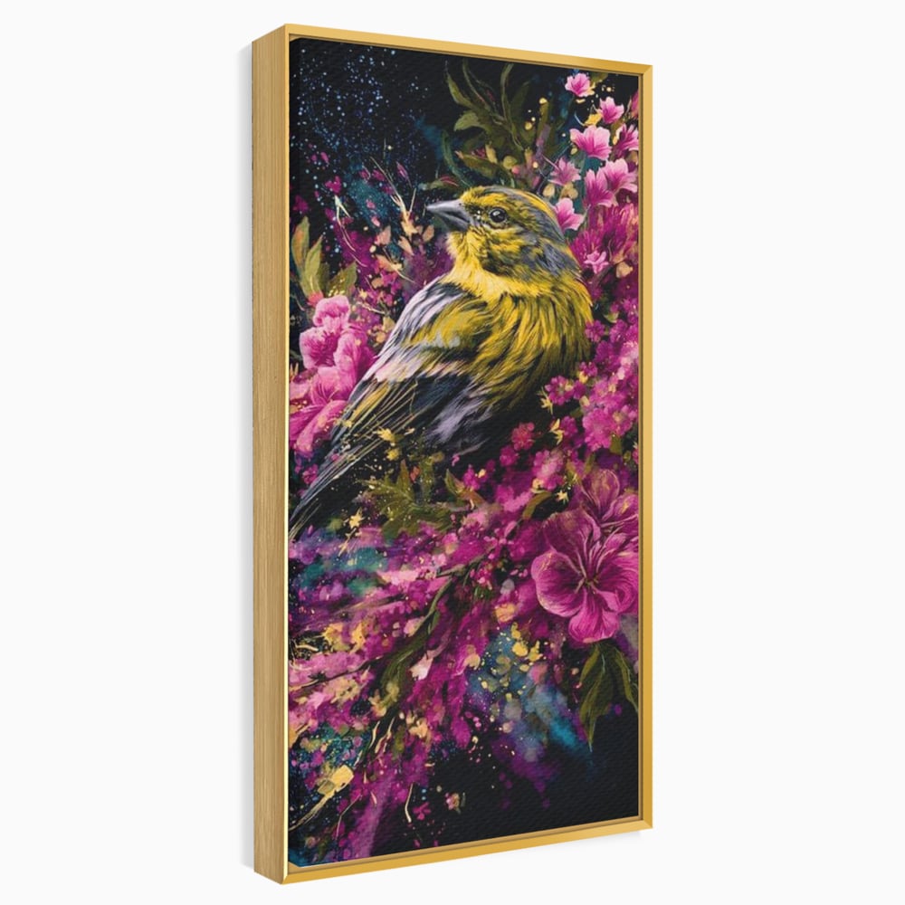 Tablou canvas cu tablou canvas cu pasare printre flori, in rama de aluminiu auriu