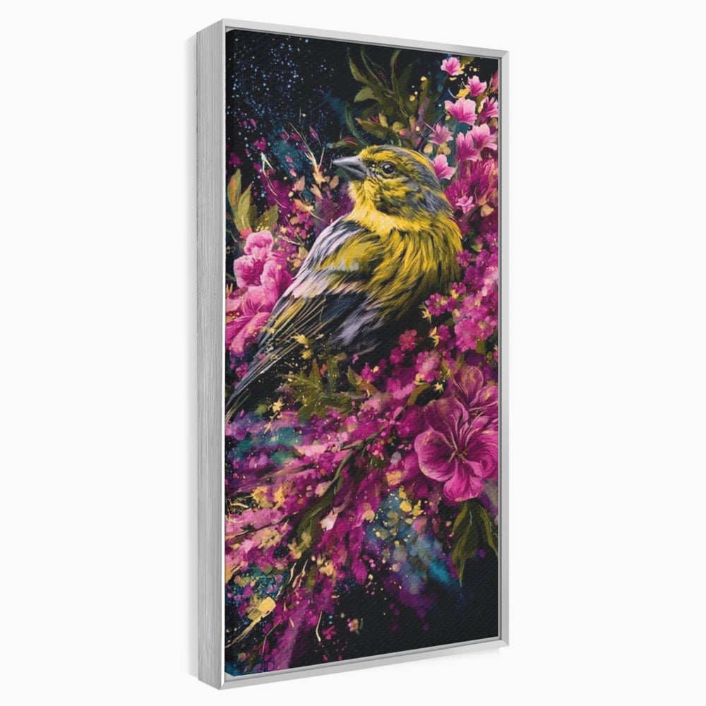 Tablou canvas cu tablou canvas cu pasare printre flori, in rama de aluminiu argintiu