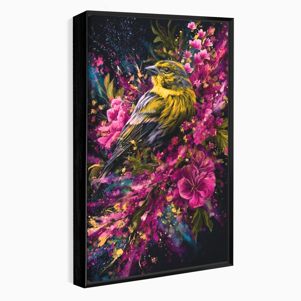 Tablou canvas cu tablou canvas cu pasare printre flori, in rama de aluminiu negru