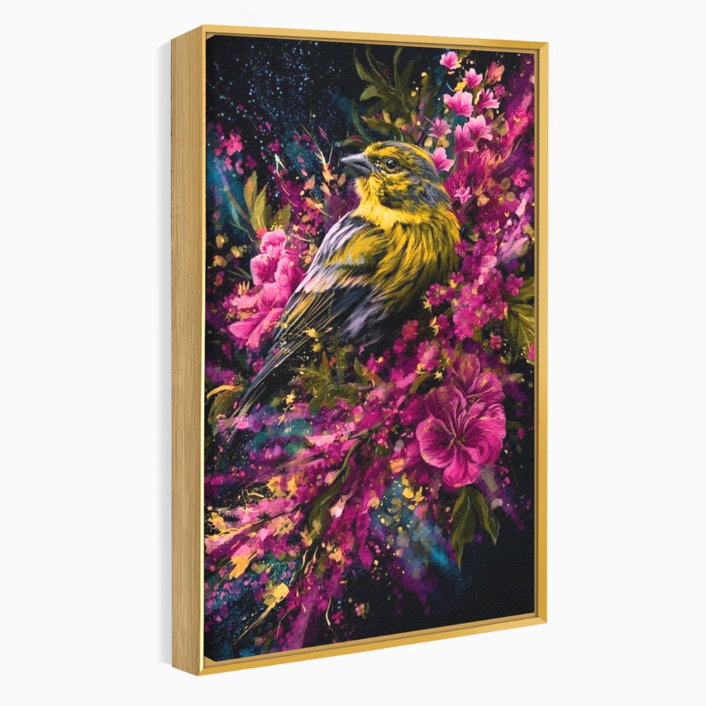 Tablou canvas cu tablou canvas cu pasare printre flori, in rama de aluminiu auriu