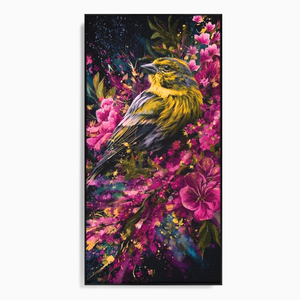 Tablou canvas cu tablou canvas cu pasare printre flori, in rama de aluminiu negru