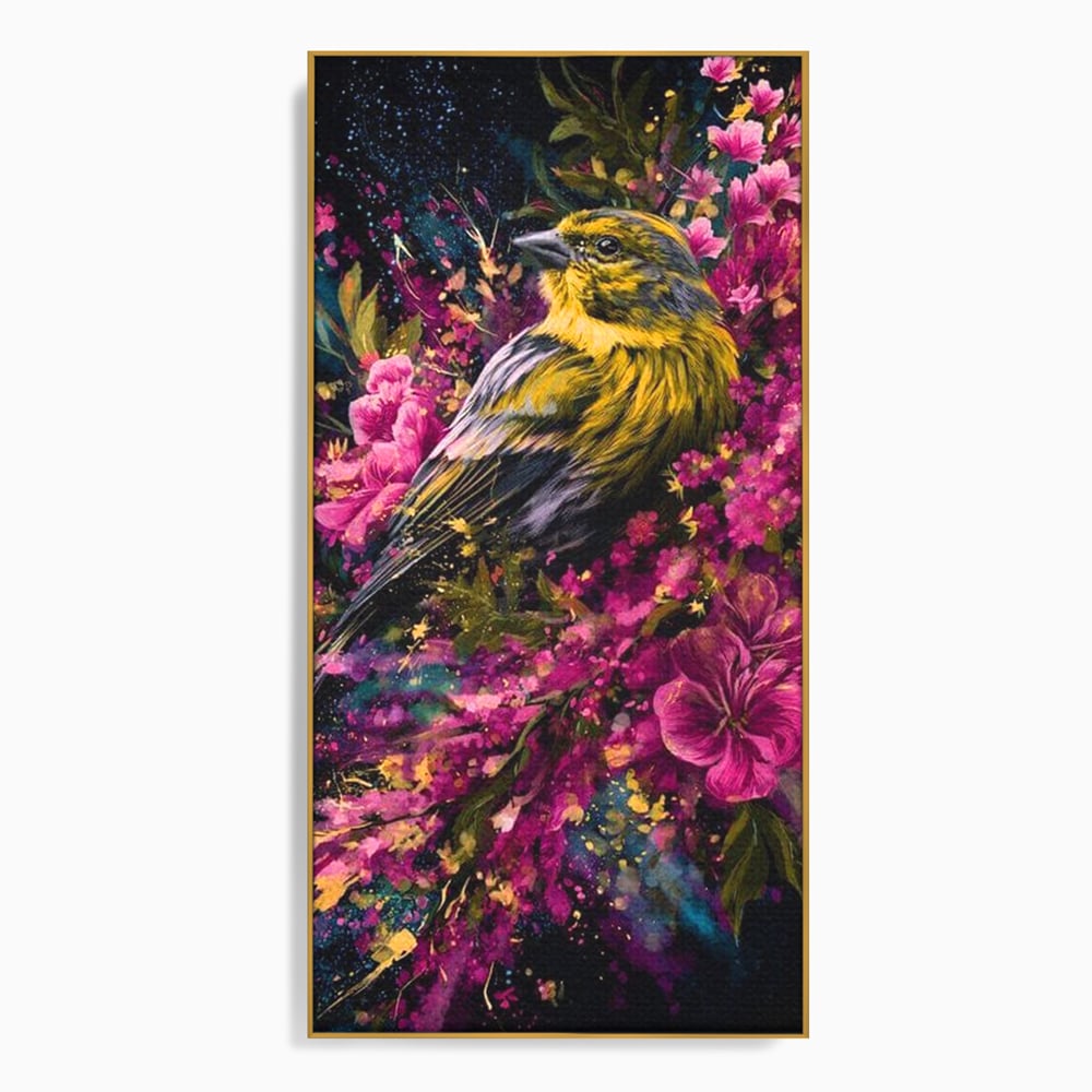 Tablou canvas cu tablou canvas cu pasare printre flori, in rama de aluminiu auriu