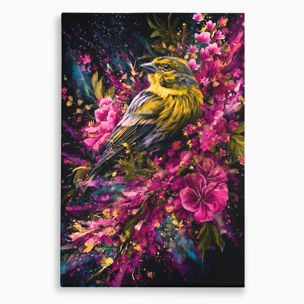Tablou canvas cu tablou canvas cu pasare printre flori, fara rama, pe sasiu de lemn